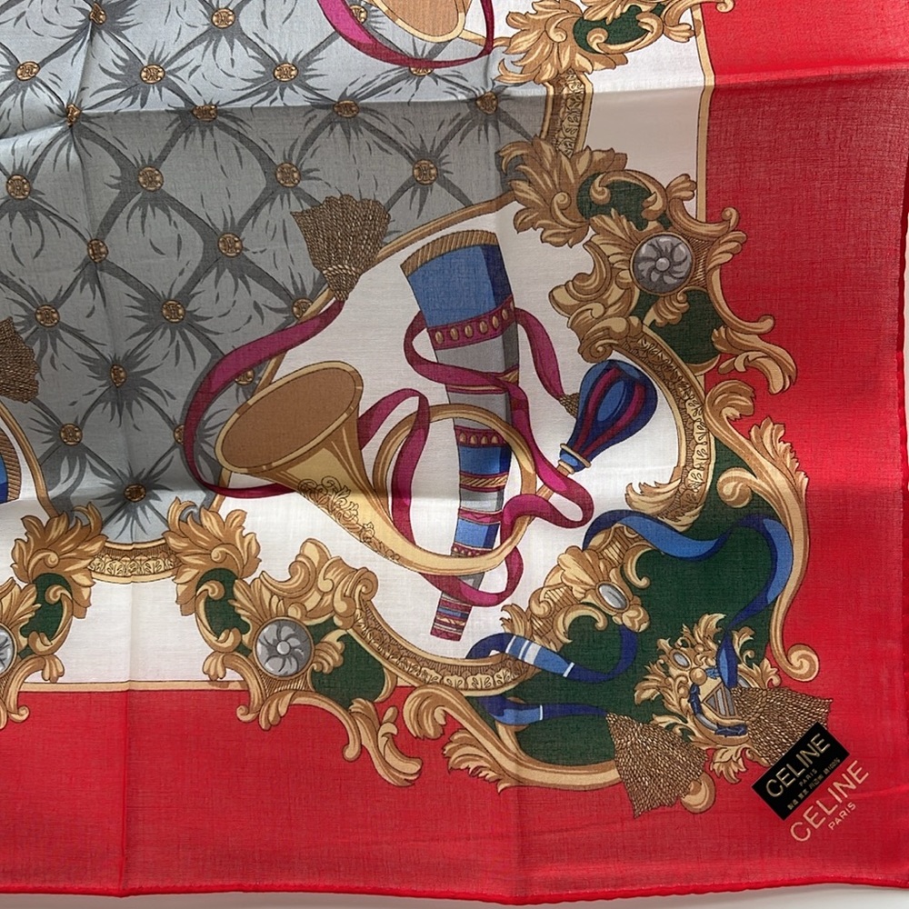 CELINE Paris  trumpet pattern Cotton Handkerchief Scarf Red and white - Picture 13 of 13